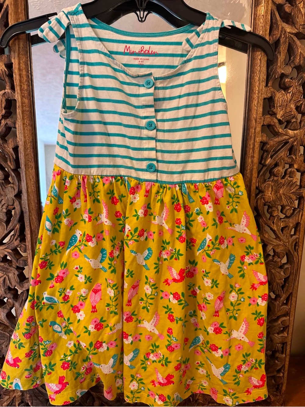 Mini Boden 8 - 9 Years Teal Striped Top with Yellow Bird Print Skirt